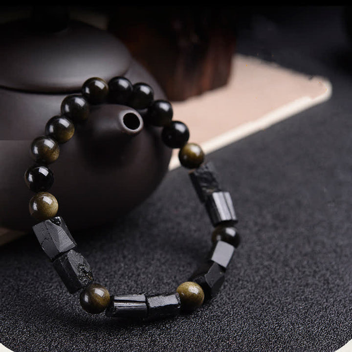 Buddha Stones  Gold Sheen Obsidian Black Tourmaline Wealth Bracelet