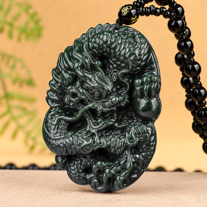 Hetian Cyan Jade Dragon Success Harmony Necklace Beaded String Pendant