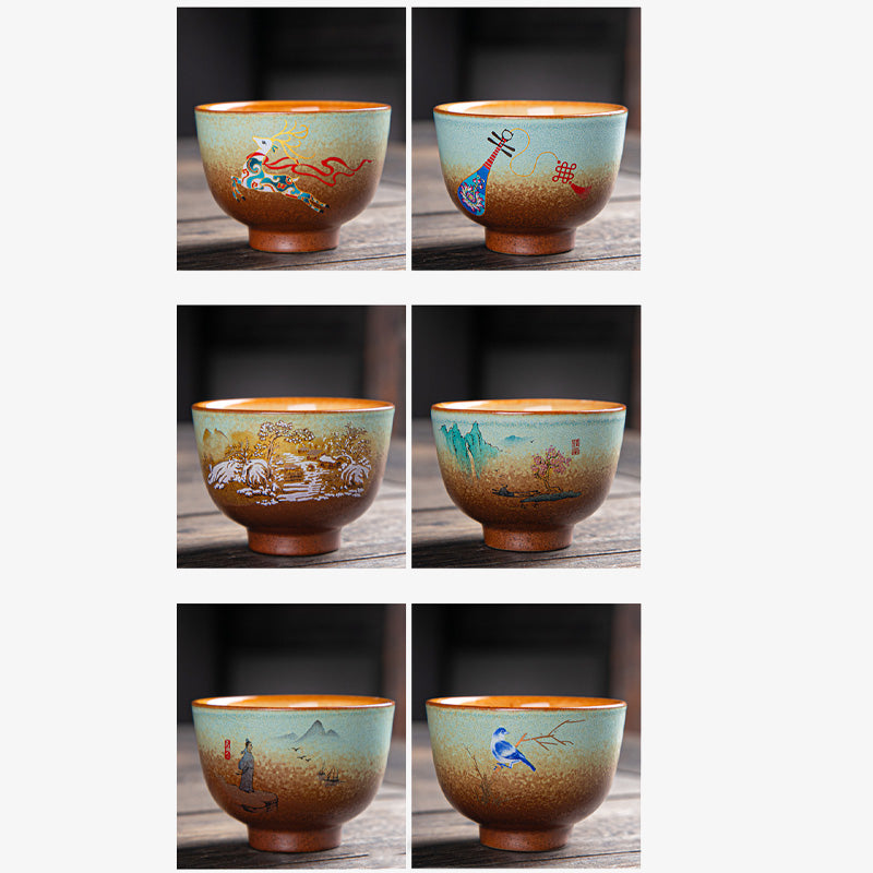 Buddha Stones Colorful Deer Pipa Snow Plum Blossoms Mountains Rivers Bird Ceramic Teacup Kung Fu Tea Cup Bowl