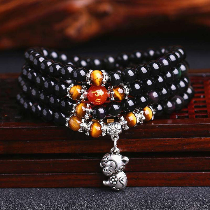 Chinese Zodiac 108 Beads Black Obsidian Tiger Eye Fortune Mala Bracelet