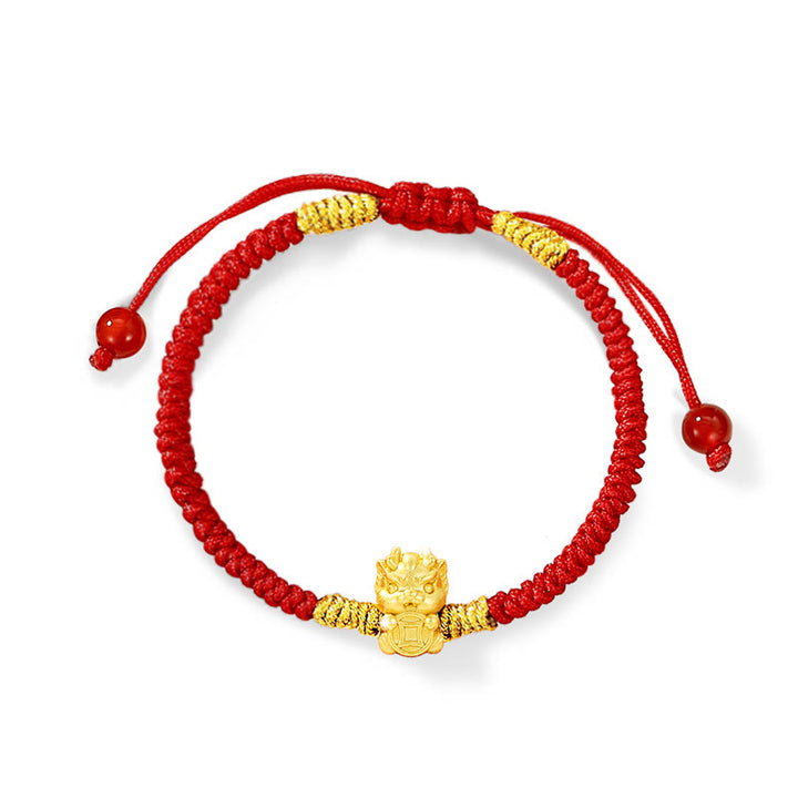 Buddha Stones 999 Sterling Silver Copper Coin Fortune Dragon Fu Character Luck Handcrafted Red String Braided Bracelet