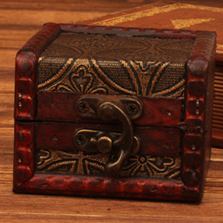 Buddha Stones Retro Small Square Wood Jewelry Box Lotus Grass Flower Grape Copper Coin Daffodil Jewelry Storage Box