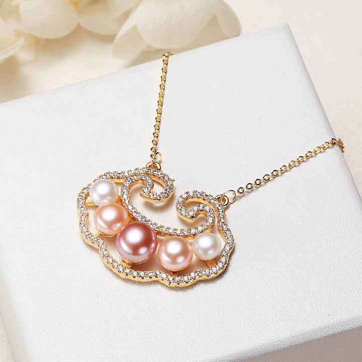 Buddha Stones 18K Gold Plated Natural Pearl Chinese Lock Charm Sincerity Necklace Pendant