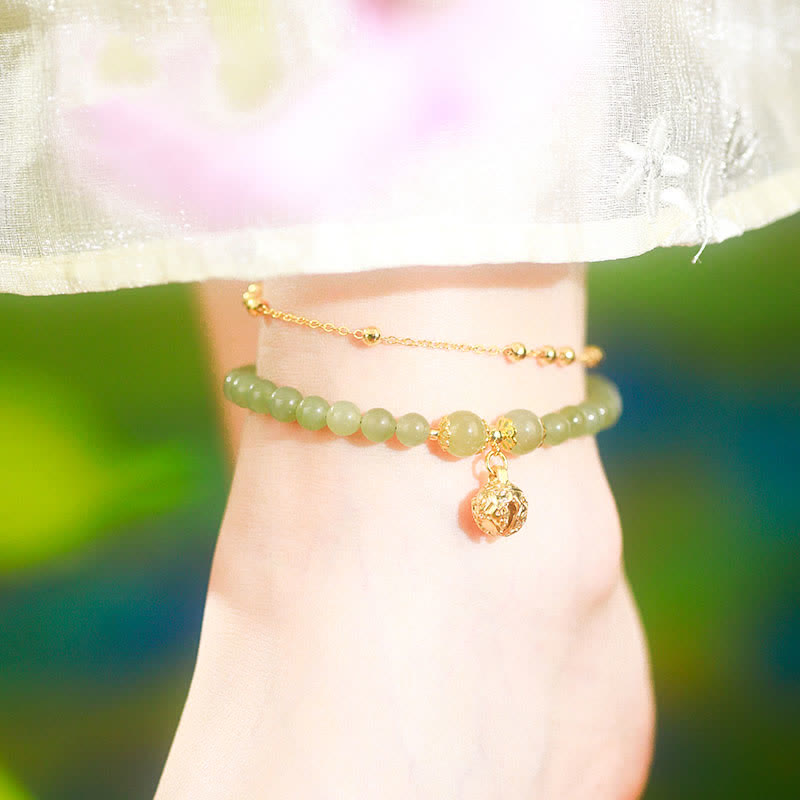 Natural Hetian Jade Luck Bell Charm Beaded Anklet