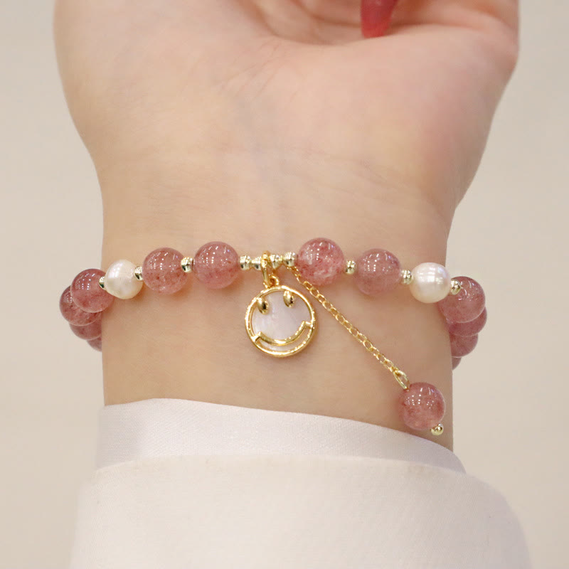 Buddha Stones Strawberry Quartz Pearl Elk Smiley Face Fishtail Fu Character Charm Healing Bracelet