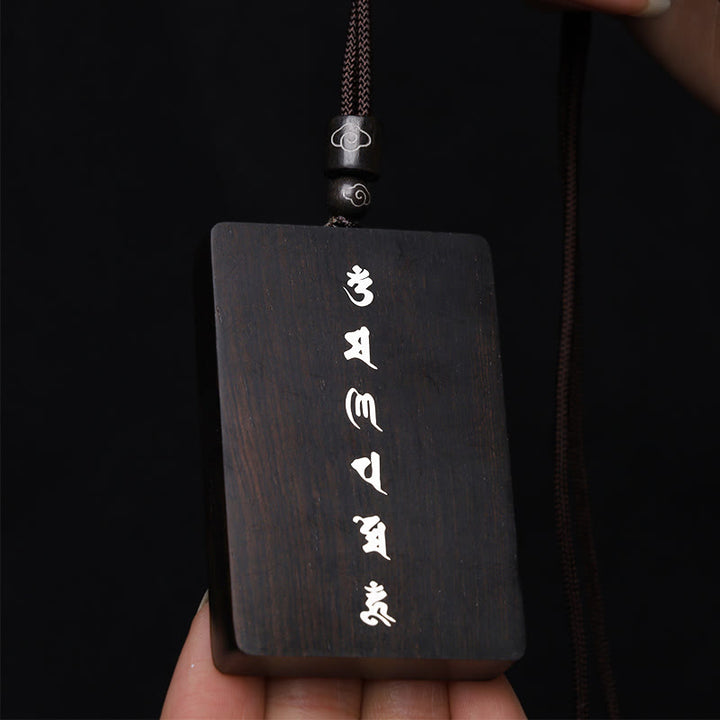 Buddha Stones 999 Sterling Silver Small Leaf Red Sandalwood Ebony Wood Om Mani Padme Hum Inlaid Protection Necklace Pendant