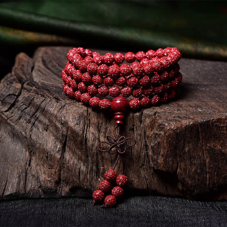 Buddha Stones 108 Mala Beads Cinnabar Om Mani Padme Hum Pattern Engraved Blessing Bracelet