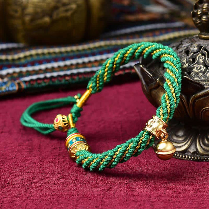 Tibetan Handmade Luck Protection Thangka Prayer Wheel Bell Charm Braid String Bracelet