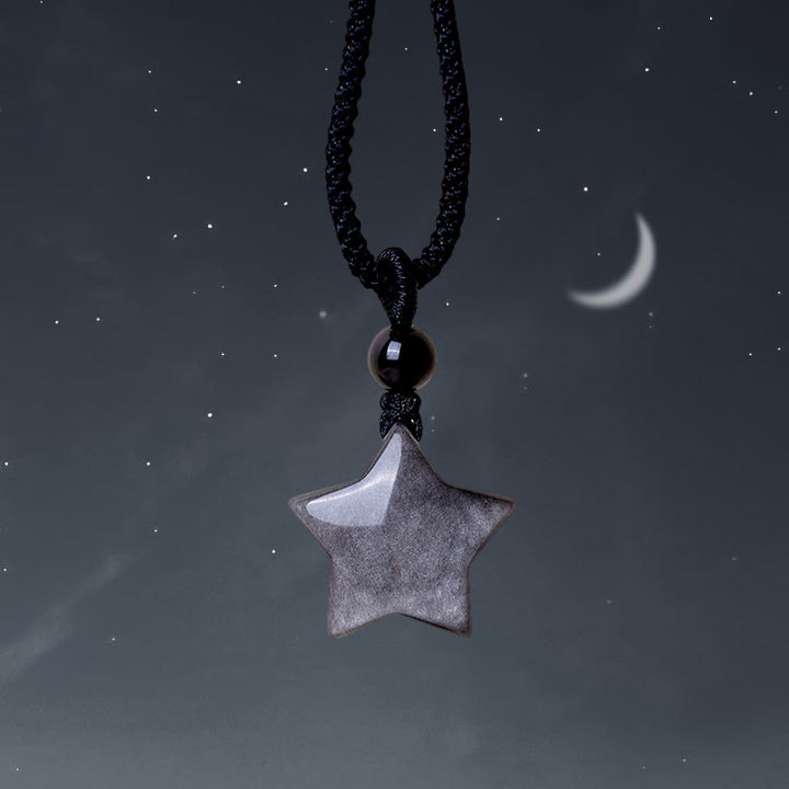 Buddha Stones Natural Silver Sheen Obsidian Star Crescent Moon Protection Necklace Pendant