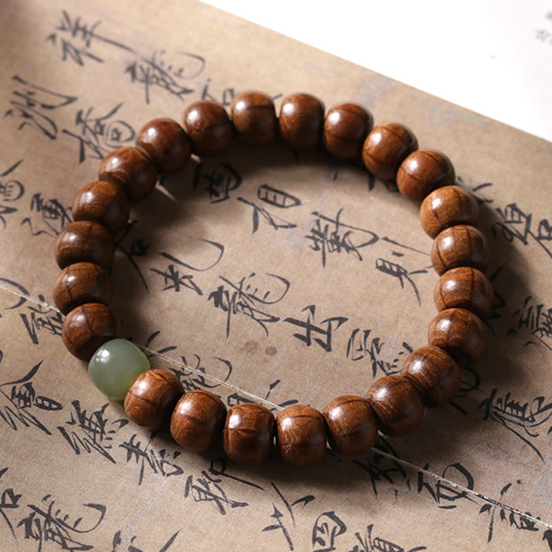 Buddha Stones Natural Abelia Biflora Wood Hetian Jade Bamboo Bead Warding Off Evil Spirits Bracelet