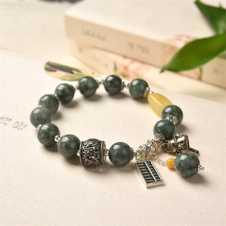 925 Sterling Silver Cyan Jade Amber Abacus Lucky Cat Success Bracelet