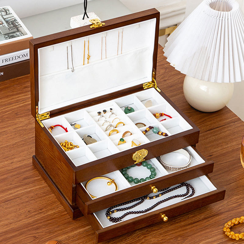 Buddha Stones Retro Wooden Jewelry Box Three-Layer Jewelry Storage Box