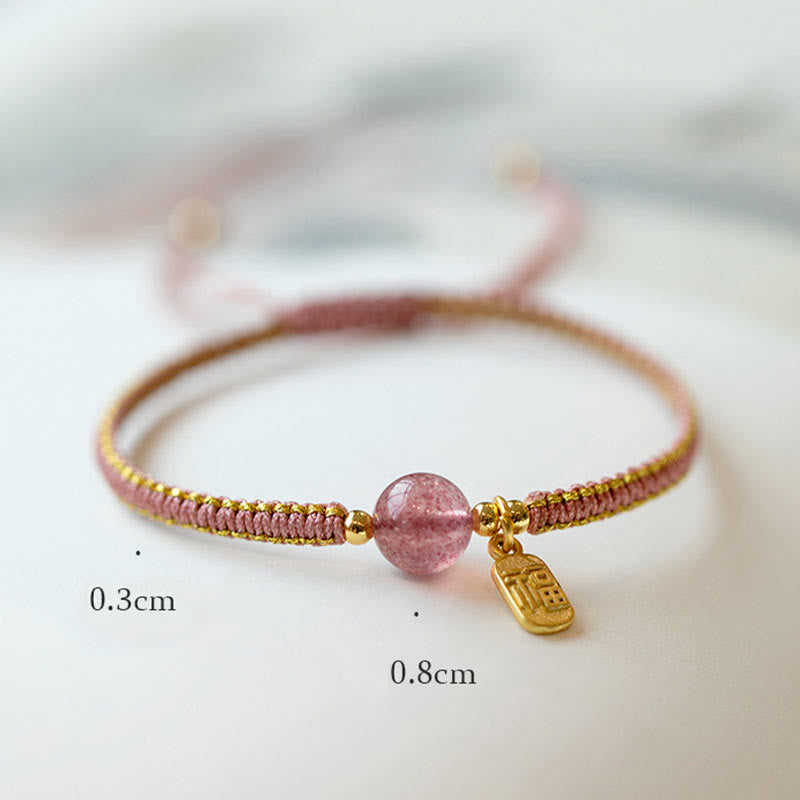 Buddha Stones Handmade Strawberry Quartz Hetian Jade Bead Fu Character Healing Bracelet