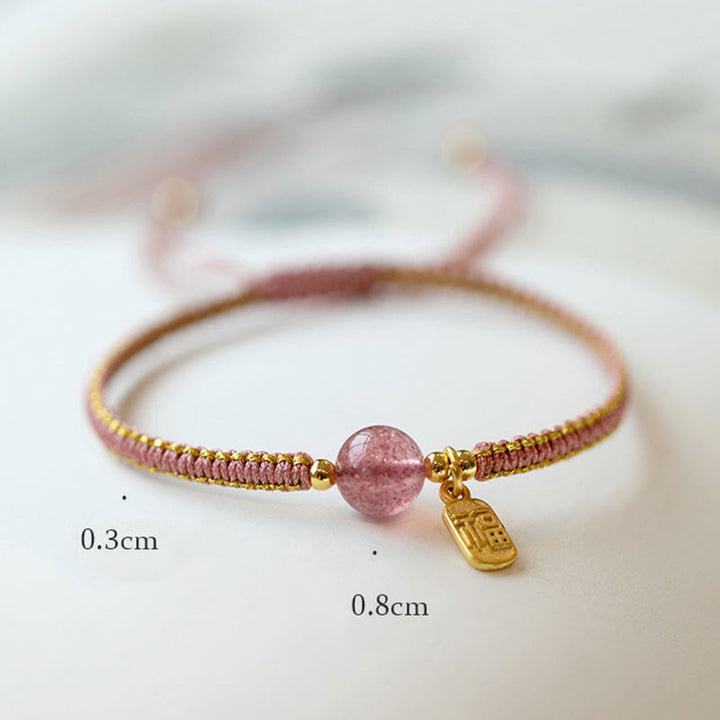 Buddha Stones Handmade Strawberry Quartz Hetian Jade Bead Fu Character Healing Bracelet