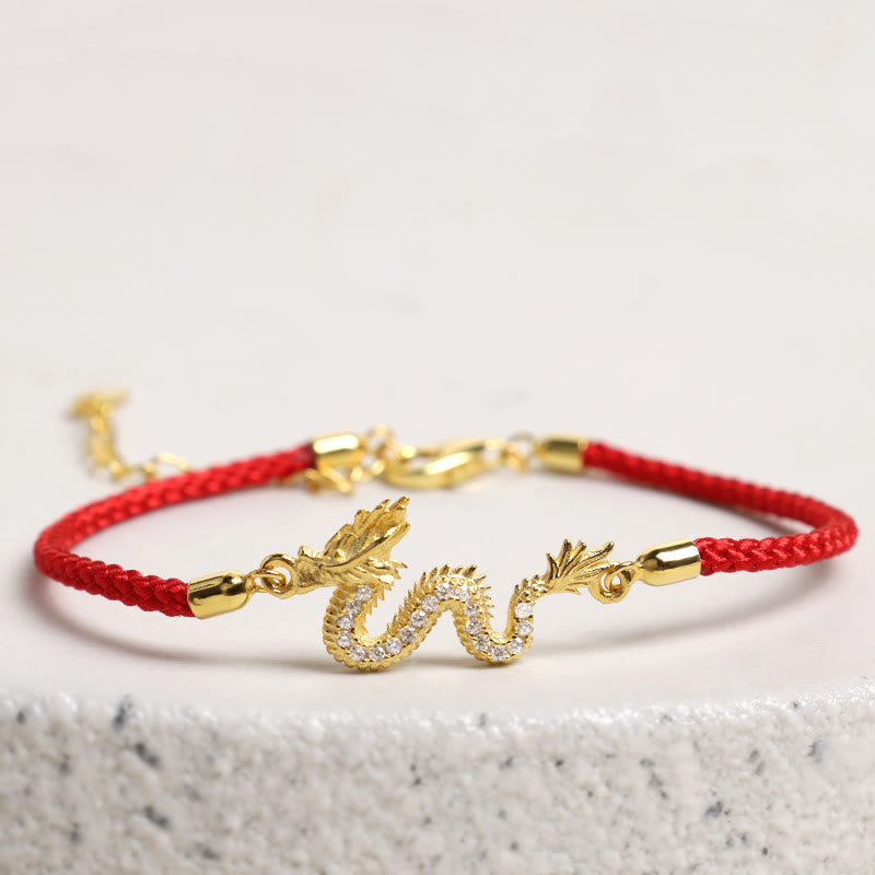 Buddha Stones 925 Sterling Silver Year Of The Dragon Auspicious Golden Dragon Luck Red Rope Chain Bracelet (Extra 30% Off | USE CODE: FS30)