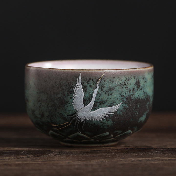 Buddha Stones Auspicious Crane Ceramic Teacup Kung Fu Tea Cup Bowl