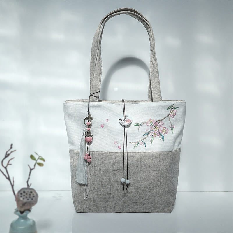 Pear Flower Plum Peach Blossom Bamboo Embroidery Canvas Large Capacity Shoulder Bag Tote Bag