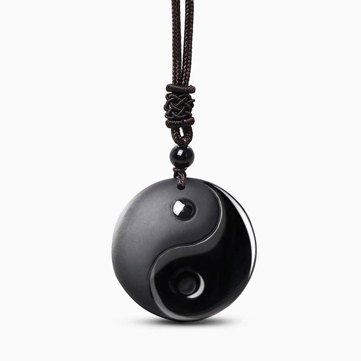 Buddha Stones Black Obsidian Taoism Five Sacred Mountains Nine-Character Mantra Carved Purification Yin Yang Necklace Pendant