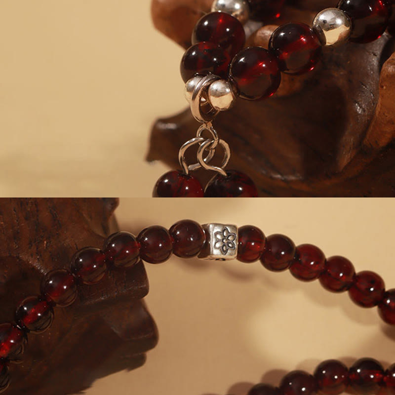 Buddha Stones 925 Sterling Silver Natural Garnet Cat Eye Protection Triple Wrap Bracelet