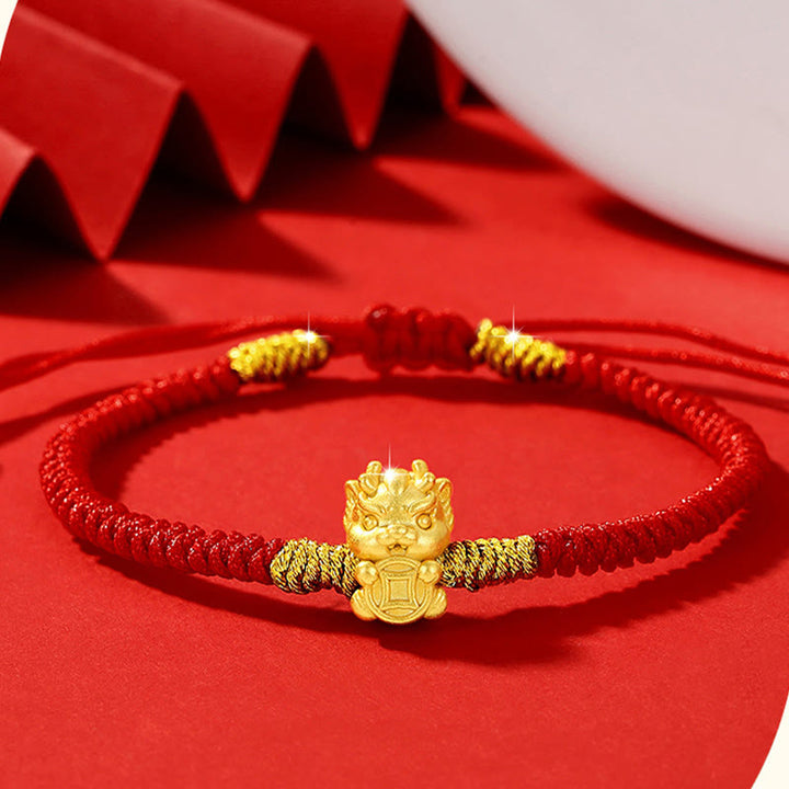 Buddha Stones 999 Sterling Silver Copper Coin Fortune Dragon Fu Character Luck Handcrafted Red String Braided Bracelet