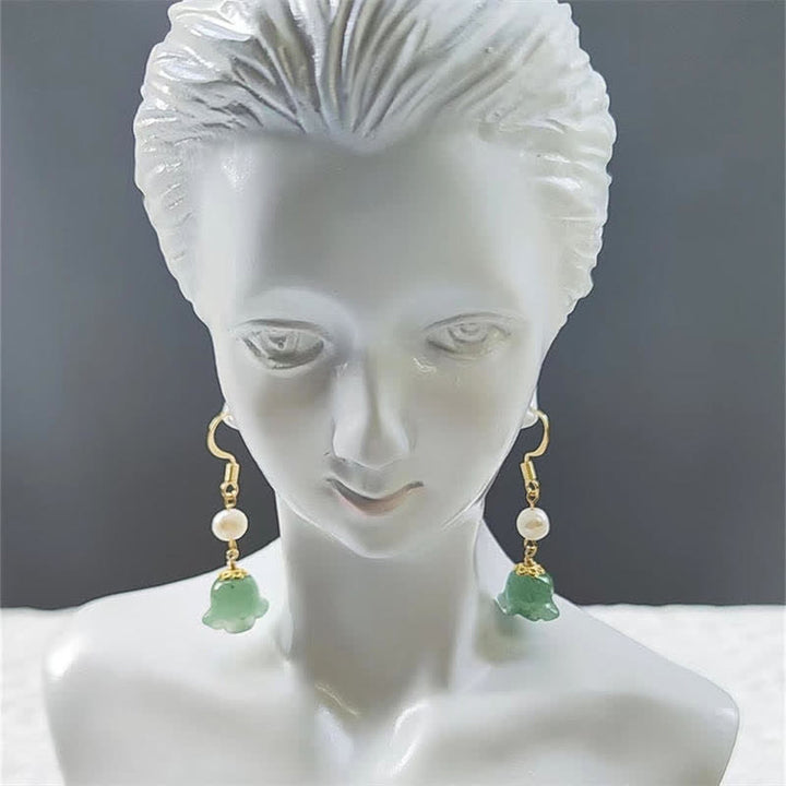 Buddha Stones Lily of The Valley Natural Green Aventurine 14K Gold Plated Luck Pearl Drop Dangle Floral Earrings