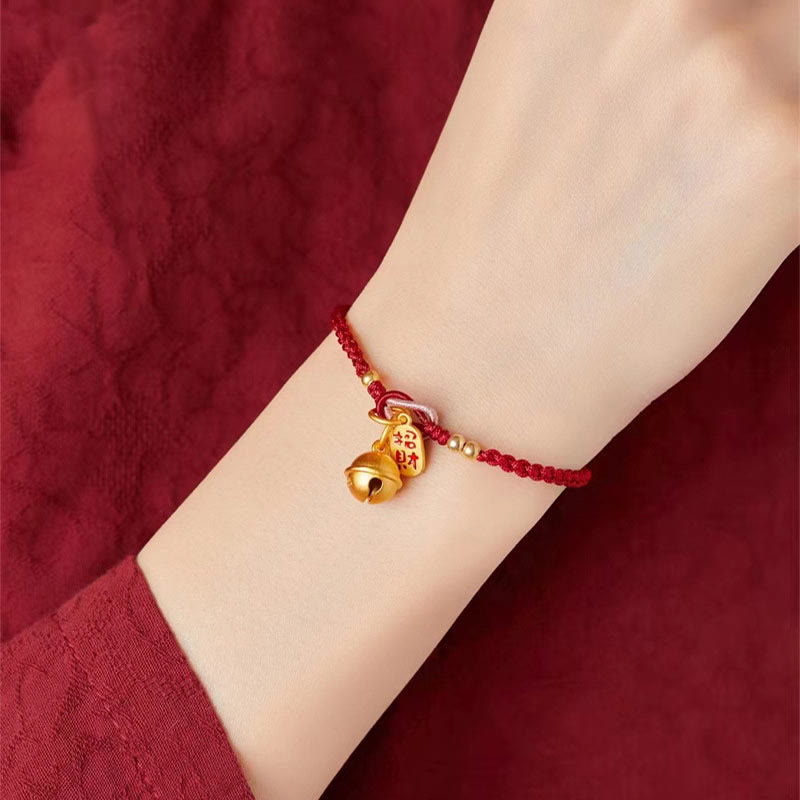 Buddha Stones Handmade Fu Character Charm Luck Happiness Bell Red Rope Bracelet