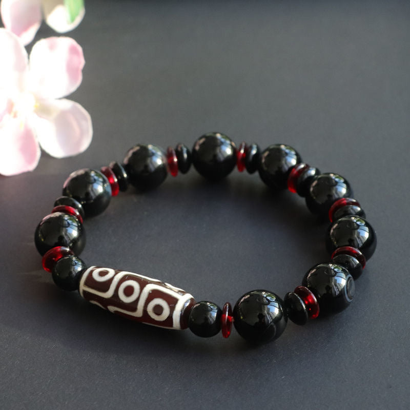 Buddha Stones Black Onyx Nine-Eye Dzi Bead Wealth Protection Bracelet