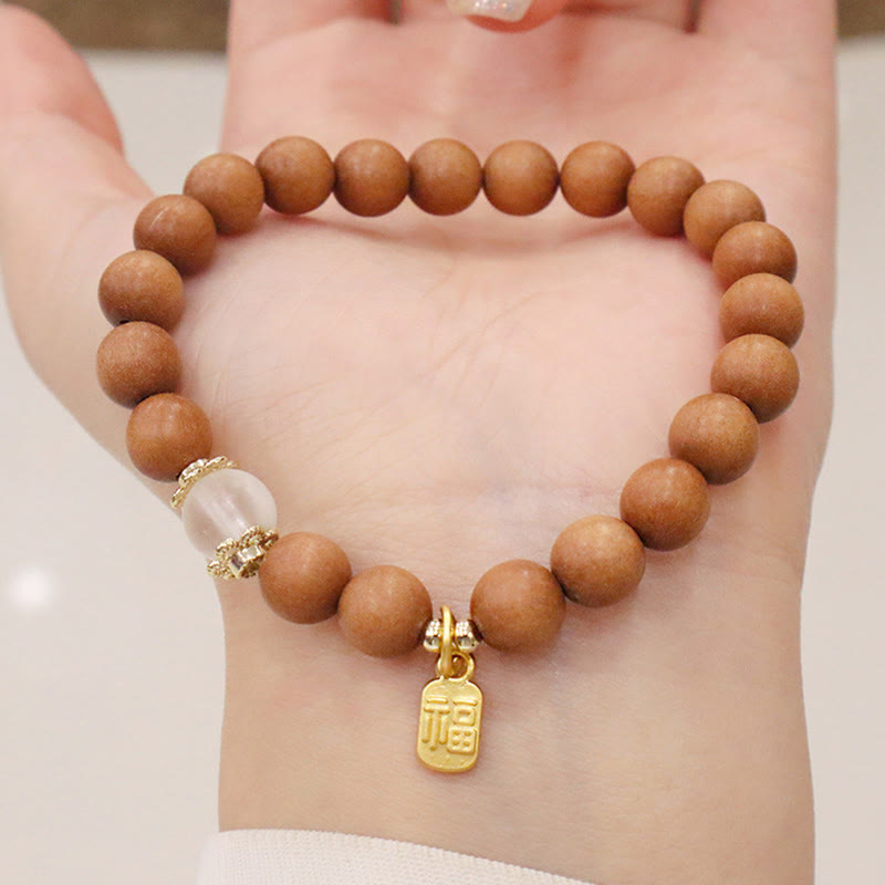 Buddha Stones Sandalwood Cat's Eye Fu Character Charm Protection Bracelet