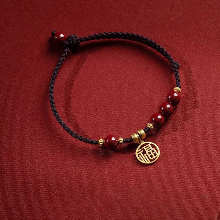 Buddha Stones Cinnabar Bead Fu Character Charm Blessing Braided String Bracelet