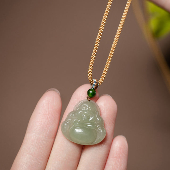 Laughing Buddha Jade Lotus Prosperity String Necklace Pendant