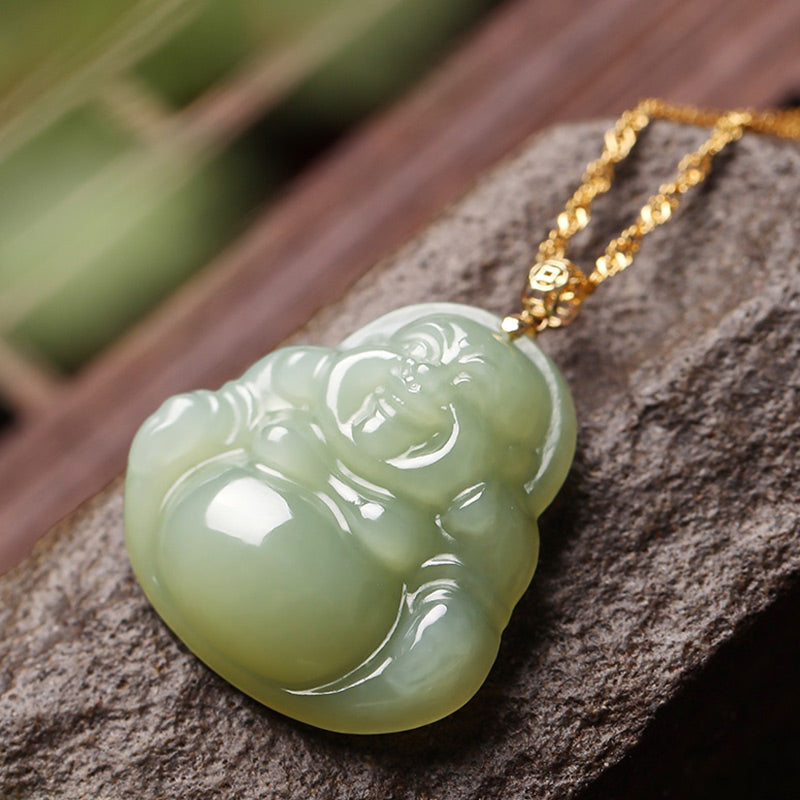 925 Sterling Silver Laughing Buddha Cyan Jade 18K Gold Success Necklace Pendant