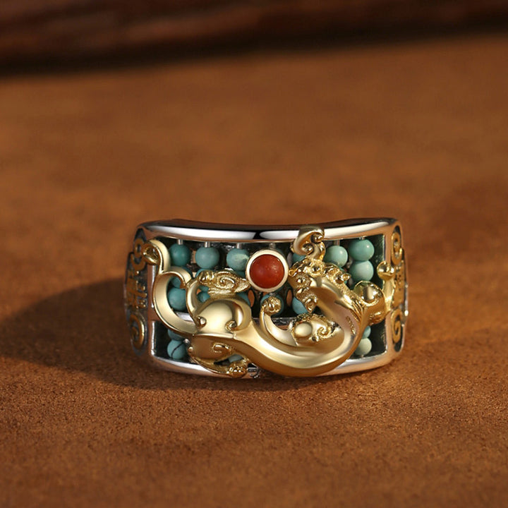 925 Sterling Silver Turquoise Red Agate PiXiu Abacus Protection Ring