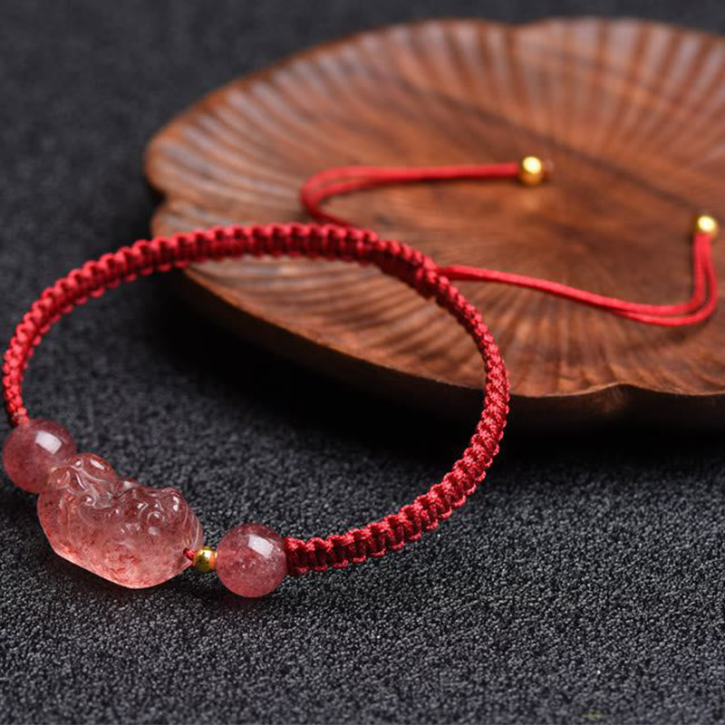 Buddha Stones Natural Strawberry Quartz PiXiu Lucky Red String Bracelet