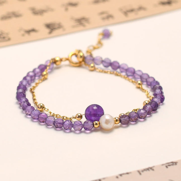 Buddha Stones 14K Gold Plated Amethyst Crystal Healing Double Layer Chain Bracelet