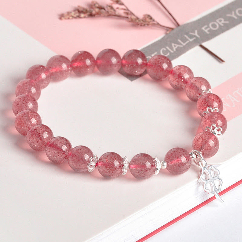 Buddha Stones 925 Sterling Silver Strawberry Quartz Four Leaf Clover Love Bracelet