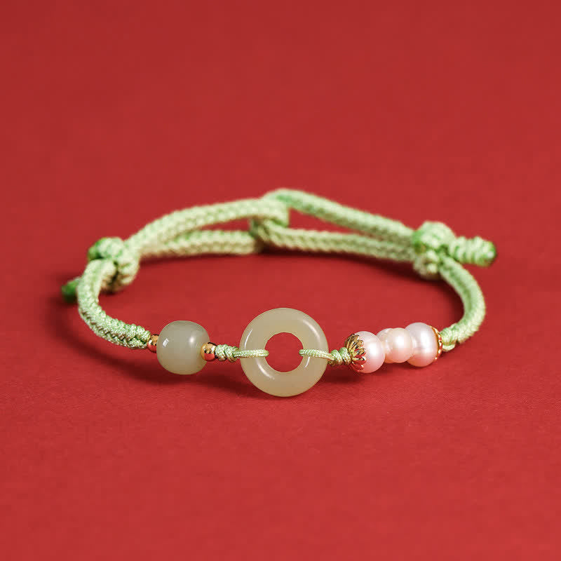 Buddha Stones Natural Hetian Jade Pearl Peace Buckle Luck Bracelet