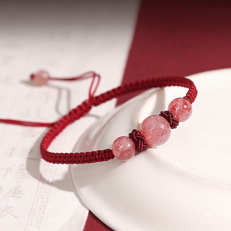 Buddha Stones Natural Strawberry Quartz Crystal Love Red String Weave Bracelet Anklet