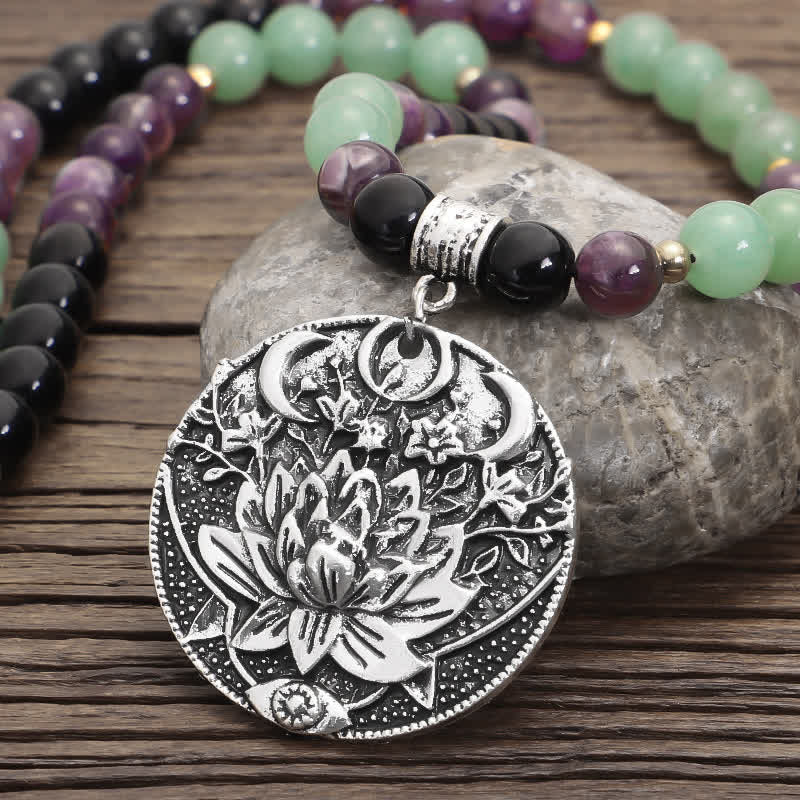 Buddha Stones 108 Mala Beads Amethyst Green Aventurine Lotus Meditation Bracelet