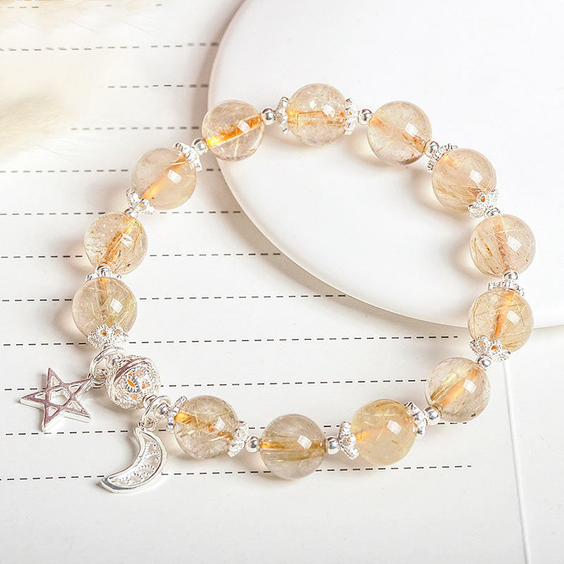 925 Sterling Silver Natural Citrine Happiness Moon Star Charm Bracelet