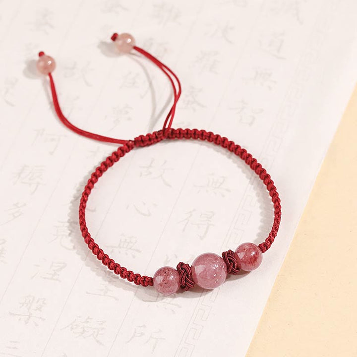 Buddha Stones Natural Strawberry Quartz Crystal Love Red String Weave Bracelet Anklet