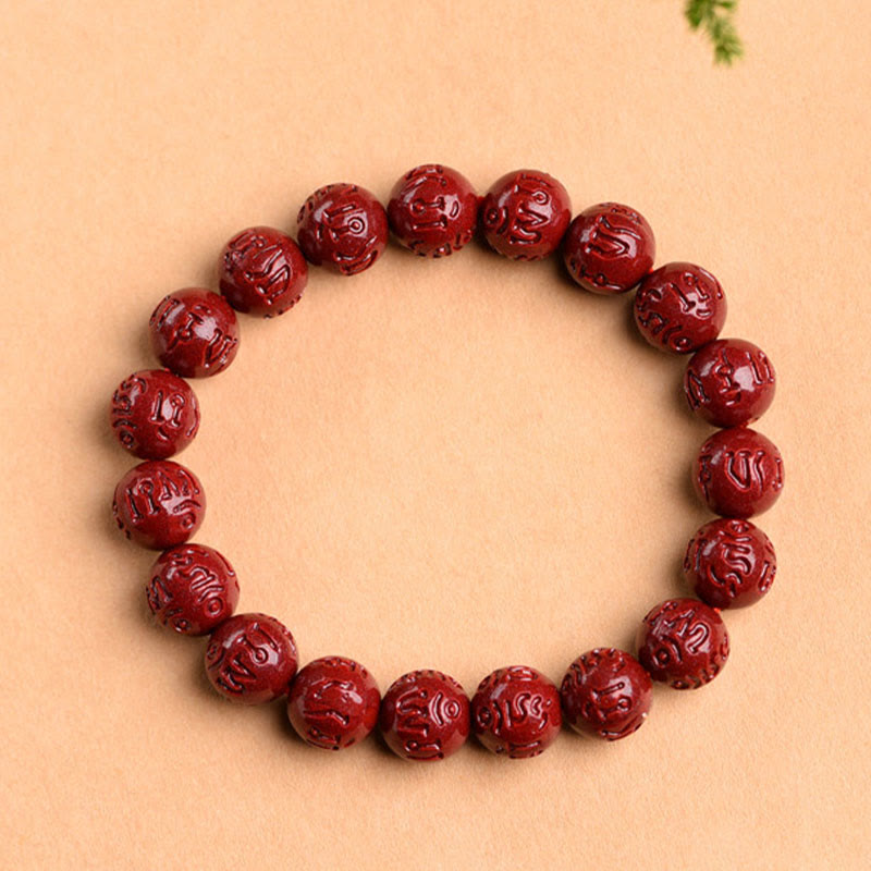 Buddha Stones Natural Cinnabar Om Mani Padme Hum Fret Pattern Lotus Blessing Bracelet