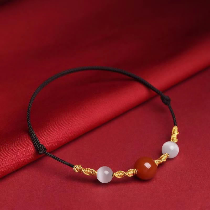 Buddha Stones Natural Red Agate Cat Eye Calm Braided String Bracelet Necklace Pendant