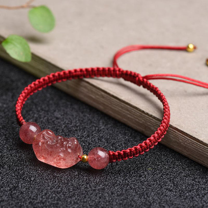 Buddha Stones Natural Strawberry Quartz PiXiu Lucky Red String Bracelet