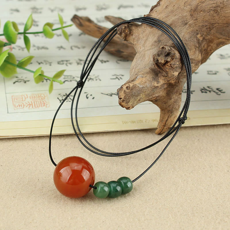 Buddha Stones Red Agate Green Aventurine Green Bodhi Seed Bead Calm Leather Rope Necklace Pendant