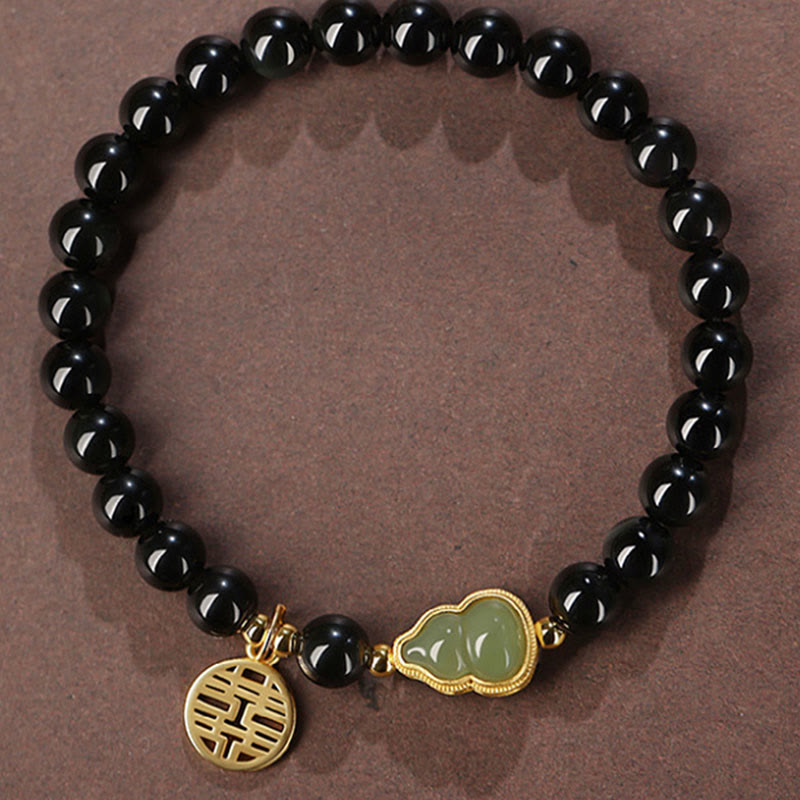 Natural Black Obsidian Hetian Jade Gourd Double Happiness Strength Bracelet