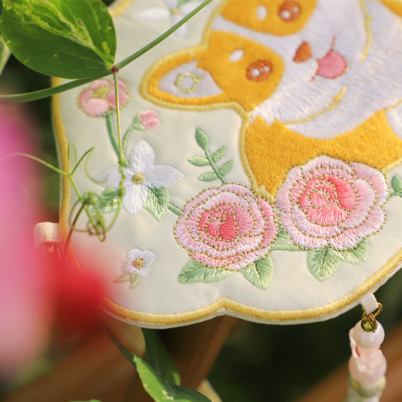 Buddha Stones Embroidery Lucky Panda Cat Shiba Inu Deer Rabbit Fox Flower Cute Animal Hanfu Bag Crossbody Bag Shoulder Bag