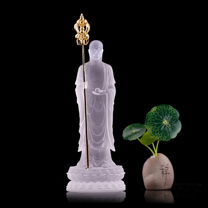 Buddha Stones Handmade Ksitigarbha Bodhisattva Figurine Liuli Crystal Art Piece Serenity Statue Home Decoration