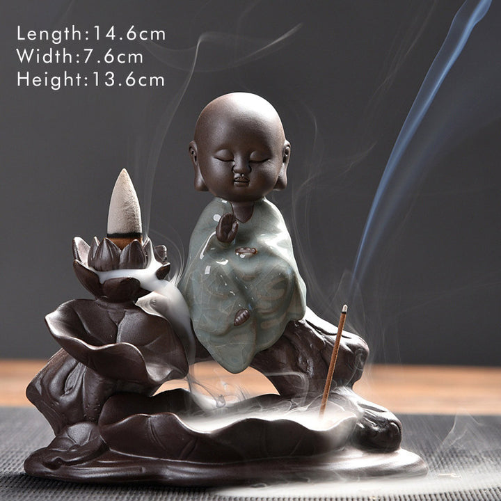 Buddha Little Monk Ceramic Lotus Blessing Incense Burner Decoration