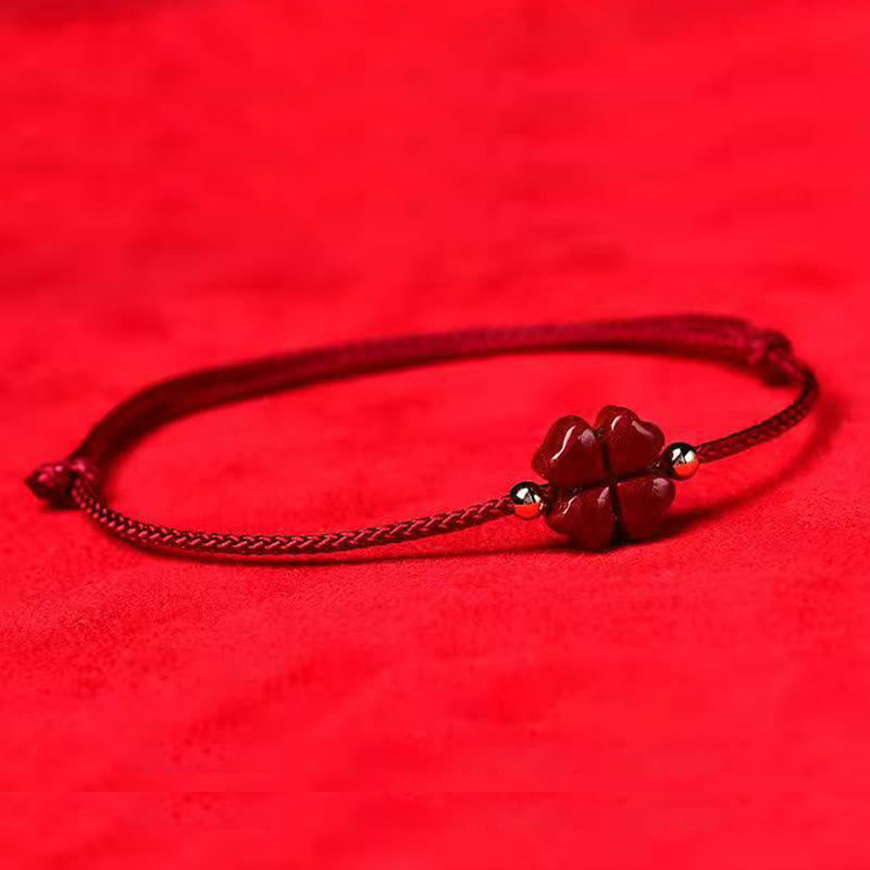 Buddha Stones Natural Cinnabar Four Leaf Clover Blessing Red String Bracelet Anklet