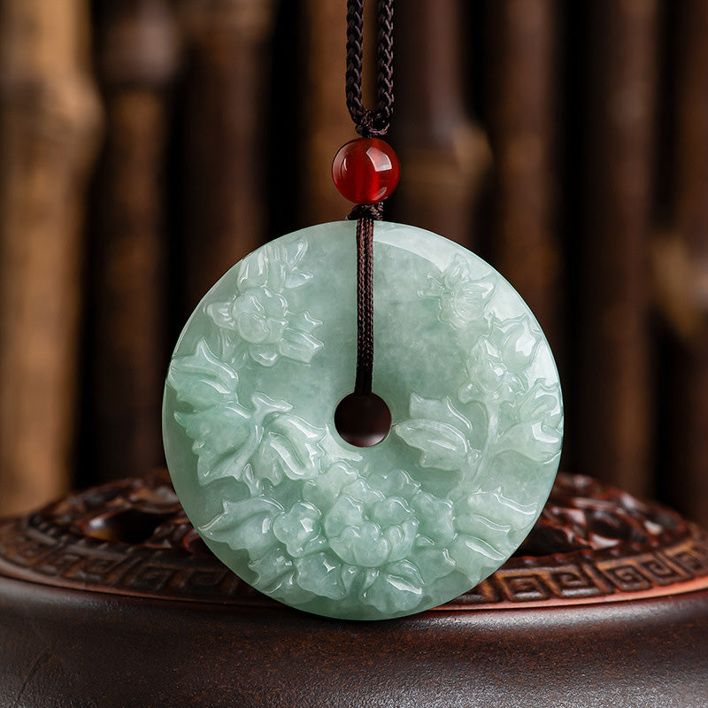 Round Jade Peace Buckle Peony Flower Abundance Necklace Pendant